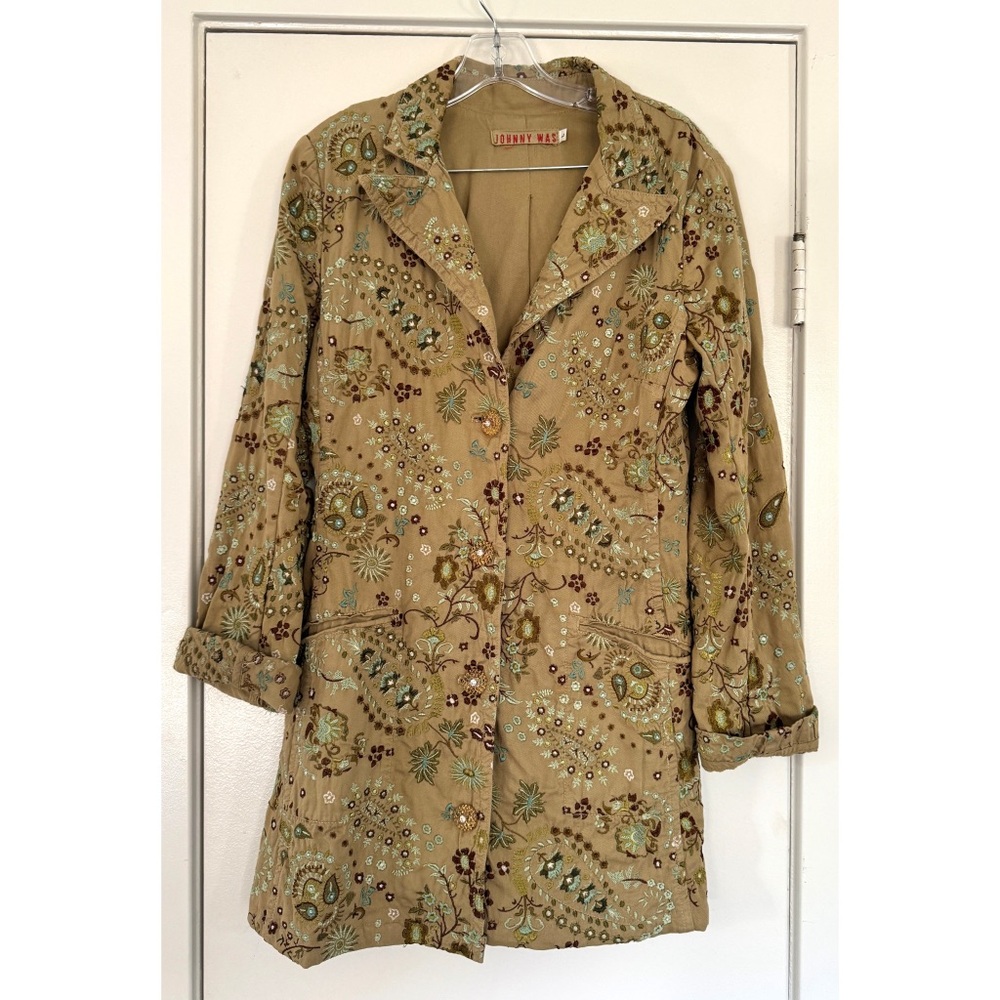 Johnny Was Tan Floral Embroidered Blazer Jacket